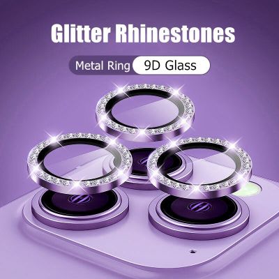 Glitter Diamond Rhinestones Metal Ring Camera Tempered Glass For iPhone 11 12 13 14 Pro Max Mini Plus Lens Protector Full Cover