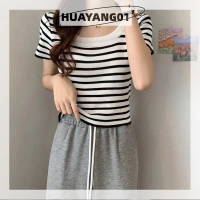 HUAYANG01 [2023 new HOT FASHION] lazlook เสื้อยืดถักแขนสั้นลายทางสำหรับผู้หญิงเสื้อครอปลำลองคอเหลี่ยมวินเทจสำหรับฤดูร้อน