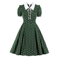 Tonval Turn-down Collar Tie Front Polka Dot Vintage Robe Women Green 50s Pin Up Dress Short Sleeve Elegant Summer Pleated Dress