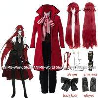 แจ็กเก็ตเทรนช์โค้ทยาวสีแดงสำหรับผู้ชายเครื่องแต่งกายคอสเพลย์ผู้หญิง Grell Sutcliff Shinigami มรณะการ์ตูน Black Butler ชุดงานรื่นเริงฮาโลวีน