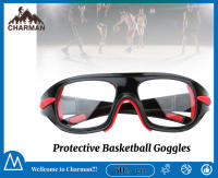 Safety แว่นกันลมเล่นกีฬาป้องกันการกระแทกบาสเกตบอลเลนส์ PC แว่นตานิรภัยสำหรับลูกฟุตบอลฟุตบอลสีดำสีแดง