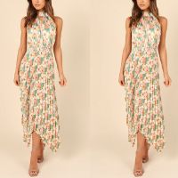 [Free ship] Cross-border 2023 summer and womens printed folded solid sleeveless halter neck V-neck irregular dress