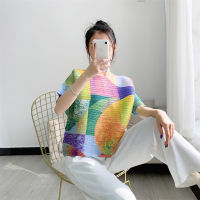 2022 Summer New Miyake Pleated Printed T-Shirt Short Sleeve Crew Neck Cross Pleated Kk Pleated Top Womens Urban Leisure