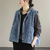 Women Denim Jacket Sleeveless Jean Vest Autumn and Spring Wide-waisted Coat Loose Stlye Outwear