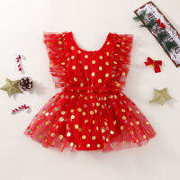 【Beautywoo】ชุดเด็กผู้หญิงคริสต์มาส Fly Sleeve Crewneck Dot Print Sequin Romper Dress Tulle Princess Party Dresses