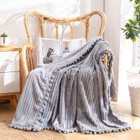 Soft Flannel Striped Tassel Ball Blanket Solid Color Flannel Nap Covering Blanket Sofa Bed Cover Air Conditioning Fluffy Plaid Throw Blanket For Sofa Single Bed Queen Bed