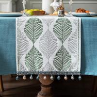 Cotton Linen Table Runner 72 Inches Long, Spring Table Runners Farmhouse Green Leaves-with Tassels, Home Kitchen Dining