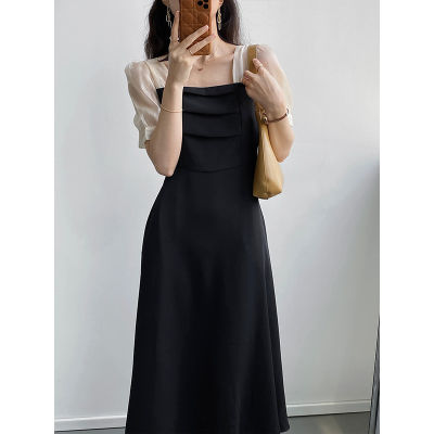 เดรสคอเหลี่ยมวินเทจฝรั่งเศสผู้หญิง Fish Blossom Sleeves Slim Fit Mid Waist Black Dress