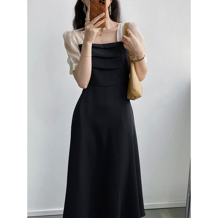 เดรสคอเหลี่ยมวินเทจฝรั่งเศสผู้หญิง-fish-blossom-sleeves-slim-fit-mid-waist-black-dress