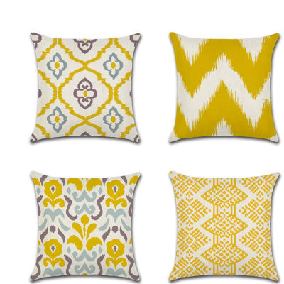 45x45cm 18x18 inch set of 4 pieces of geometric cushion cover linen green yellow colorful pillow cover, used for sofa living room decoration and home decoration