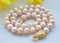 NEW Natural breeding freshwater white pink pearl 9-10MM 18" leopard head clasp