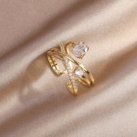 Korea New Design Fashion Jewelry 14K Real Gold Plating Multilayer Zircon Ring Elegant Womens Opening Adjustable Ring