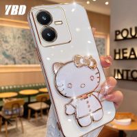 YBD มีเคสโทรศัพท์กระจกสำหรับ Vivo Y22S Y22 Y02S Y16 Y35 2022 4G Y77 5G Y77E Y77e (t1) เคส3D แมวน่ารักพับเคสซิลิโคนแบบนิ่มยึดภาพสามมิติ