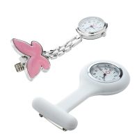 2PCS Pink Bowknot Quartz Movement Clip Nurse Brooch Fob Tunic Pendant Watch with Silicone Nurses Fob Watch White