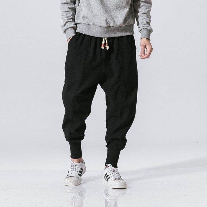 running-cotton-linen-harem-pants-men-solid-elastic-waist-streetwear-joggers-2022-new-baggy-drop-crotch-pants-casual-trousers-men