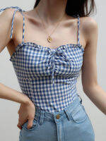 WGA Sweet And Spicy Girly Style Blue And White Plaid Fungus Side Camisole Womens Summer New Bow Back Folds Slim Vest GGHY