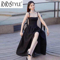 RYRYSTYLE ชุดเดรสผู้หญิงสไตล์เฮปเบิร์นดีไซน์ชุดสีดำสายสีดำทรงสลิมฟิตและมินิมอล9853