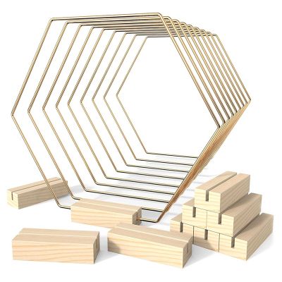 10 Pack Hoop Centerpiece with 10 Wood Place Card Holders Hexagonal Gold for Decorations Wedding Table Crafts
