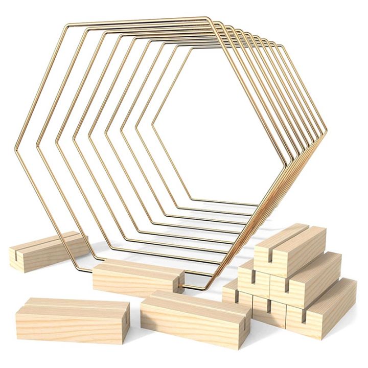 10-pack-hoop-centerpiece-with-10-wood-place-card-holders-hexagonal-gold-for-decorations-wedding-table-crafts