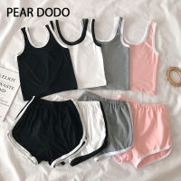 PEAR DODO ชุดเสื้อกั๊กสายรัดสั้น + กางเกงขาสั้นมัดยางยืดสำหรับผู้หญิงชุดสองชิ้นสไตล์เกาหลี