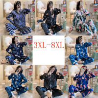 Plus Size 3XL-8XL Silk Satin Sailor Moon Women Pajamas Set Long Sleeve Long Pants Turn-Down Collar Soft Pyjama Leisure Sleepwear