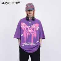 MAYCHEER   เสื้อยืดแขนสั้นวินเทจสำหรับฤดูร้อนแฟชั่นชายและหญิงเสื้อมีผีเสื้อ