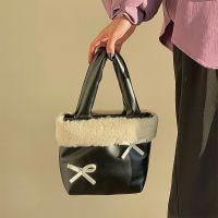 Stitching Faux Fur Women Handbags PU Leather Ladies Small Tote Shoulder Bags Retro Bowknot Decoration Female Cluth Purse Bag