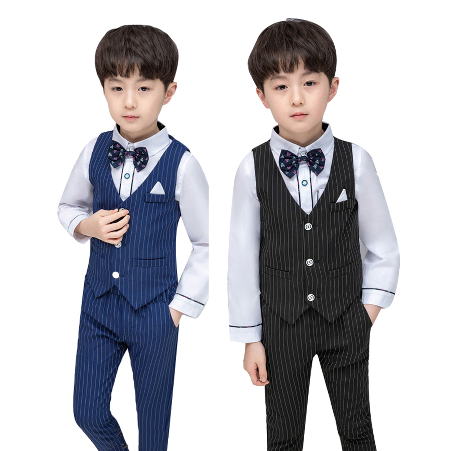 Boys Summer Tuxedo Suits Waistcoat Shirt Trousers Bow Tie 4 Pieces Set 2-14 Years 