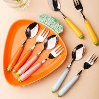 Ceramic Handle Spoon Household Creative Long Handle Spoon Cute Radish Stainless Steel Fork Korean Childrens Eating Spoon