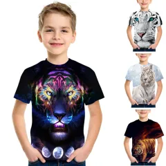 FiveEarl Kids Print 3D Tiger Head Tees Shirts for Youth Boys Girls 4-14 Years