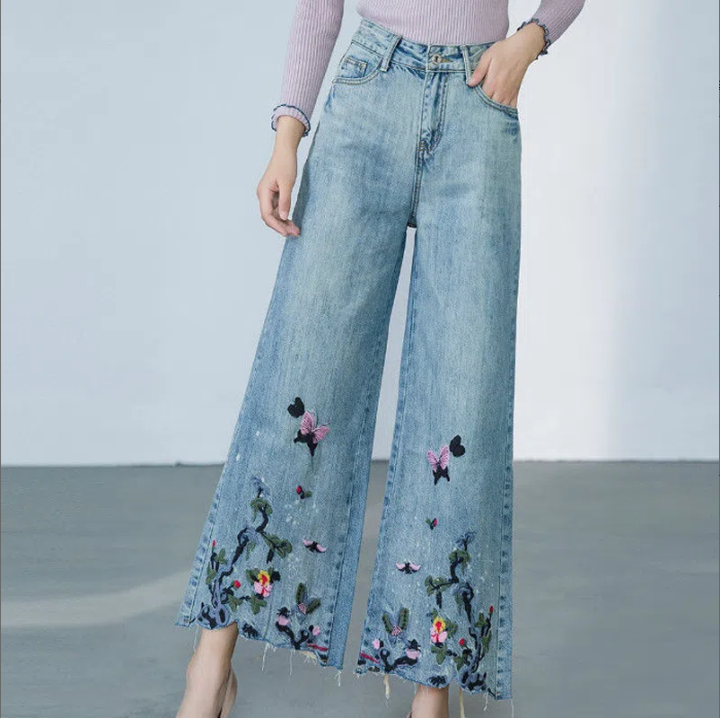 Embroidered Jeans Bell Bottoms Embroidery Flowers Flare Pants