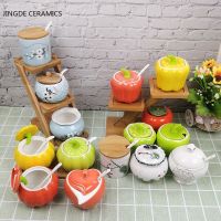 【CC】 Vegetable shape ceramics seasoning jar spoon spices storage box bottle salt sugar kitchen supplies