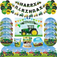 Green Tractor Theme Disposable Tableware Paper Cup Plates Napkins Truck Vehicle Excavator Kids Boys Party Decorations Supplies