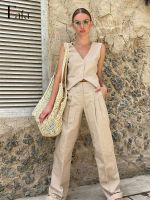 【DT】hot！ 2 Pieces Set Cotton V-neck Sleeveless Outfit Vacation Loose Wide Leg Pant Sets 2023