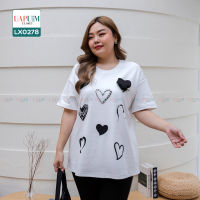 (LX0278) เสื้อแขนสั้น สาวอวบ เสื้อยืดคอกลม แขนสั้น แต่งสกรีนและลายปักรูปหัวใจด้านหน้า