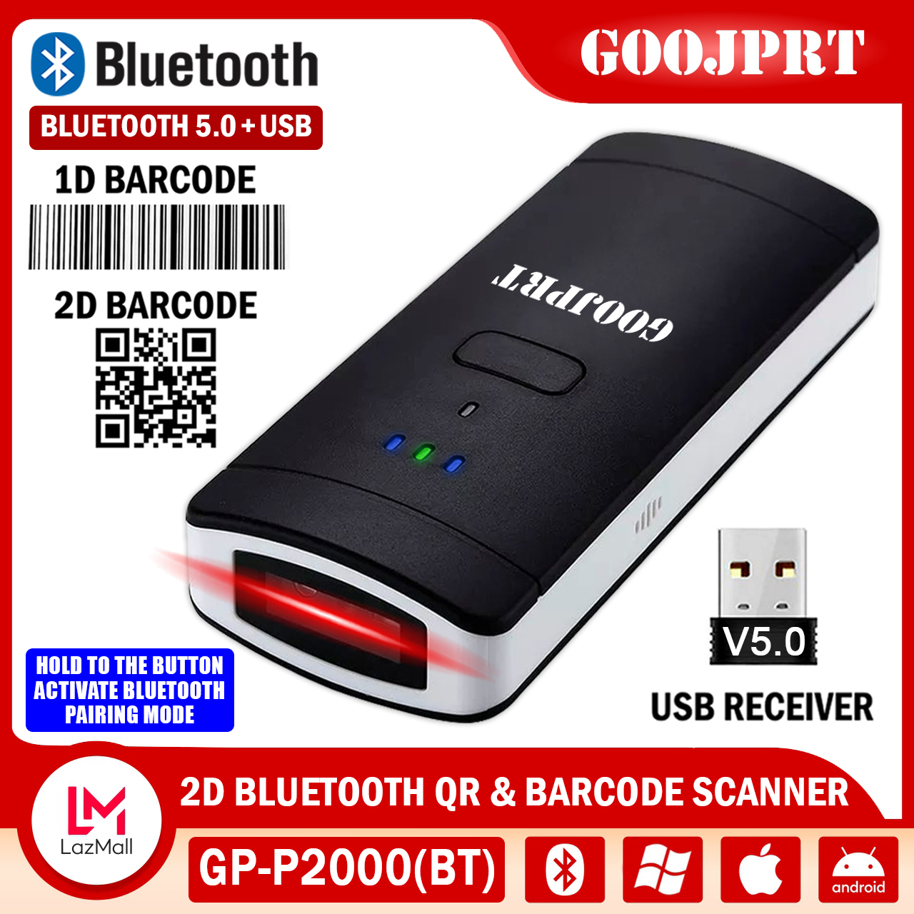 Eyoyo 1D 2D QR Wireless Barcodescanner 3-in-1 BT 2.4 G USB Wired Portable Handheld Barcode Reader für PDF417 Data Matrix UPC kompatible Laptops/PC/Android/iPhone iOS 