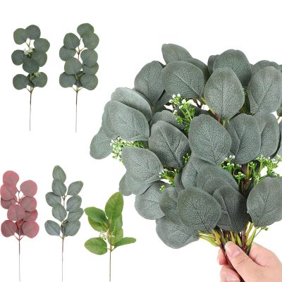 Yannew 5pcs Artificial Eucalyptus Leaves Stem Greenery Fake Silver Dollar for Garland Wreath Crafts Floral Arrangement Wed Decor Spine Supporters