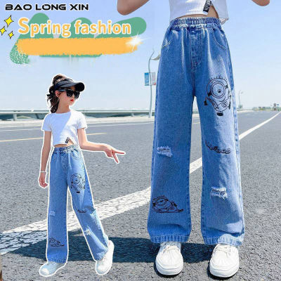 BAOLONGXIN กางเกงยีนส์กางเกงขาม้ายีนส์สำหรับเด็กผู้หญิงขนาดกลางและใหญ่สไตล์ใหม่กางเกงขายาวทรงหลวม