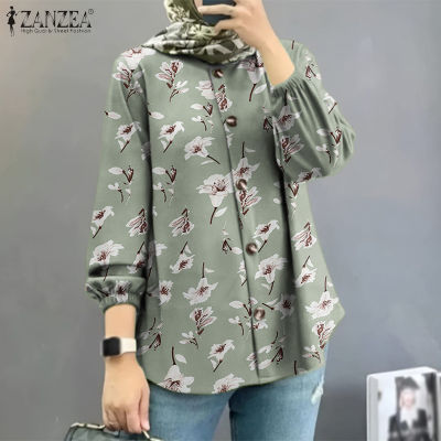 (สินค้ามาใหม่)(จัดส่งฟรี)Fancystyle ZANZEA เสื้อสตรีมุสลิม,เสื้อเสื้อคอโอแขนยาวพัฟมุสลิมเสื้อลำลองพิมพ์ลายดอกไม้