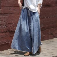 Johnature Spring All-Match Full Length Elastic Waist Lace Up Wide Leg Pants 2023 New Loose Comfortable Pockets Women Denim Pants