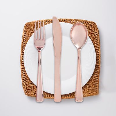 [HOT QIWKZKWEH 537] 12Pcs Rose Gold พลาสติก Disposable Tableware มีดขนมส้อมช้อนงานแต่งงานวันเกิดอุปกรณ์ตกแต่งชุดช้อนส้อม