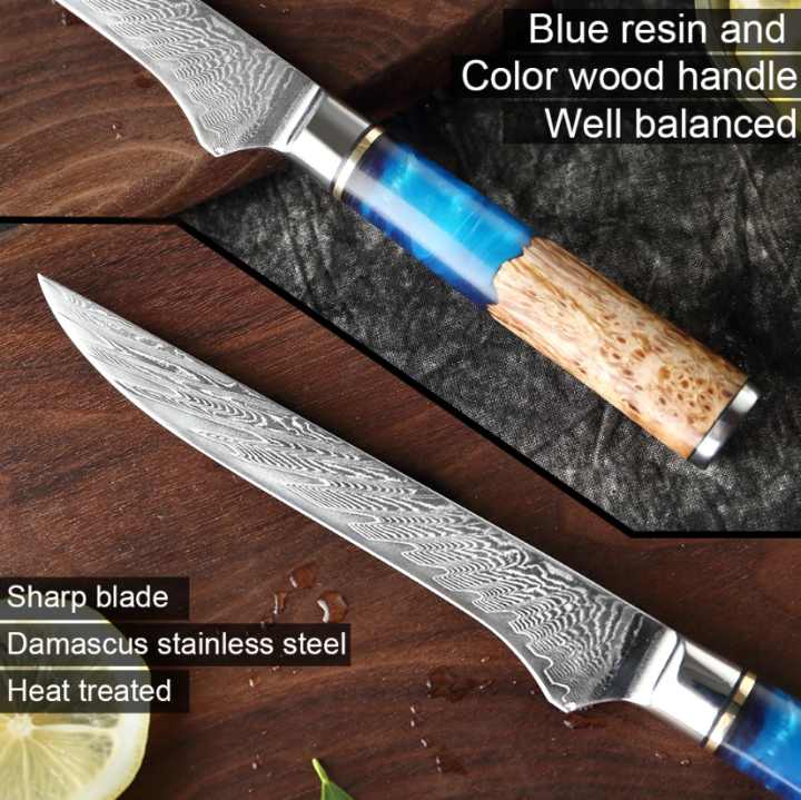 damascus-steel-vg10-boning-knife-chef-knife-raw-fish-fillet-salmon-kitchen-knife-blue-resin-color-wood-handle-cooking-tool-พร้อมส่ง-ส่งจากร้าน-malcolm-store-กรุงเทพฯ