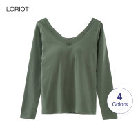 LORIOT เสื้อชั้นในเสื้อยืดสำหรับผู้หญิงยืดได้เสื้อยืดคอวีแขนยาวเซ็กซี่แบบลำลองเกาหลี SA1020