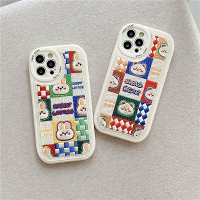 「16- digits」เคส iPhone ปักหมีและกระต่ายสำหรับ iPhone 13 12 11 Pro Max Mini X XS XR 7 8 Plus SE เวอร์ชั่นเกาหลีเคสโทรศัพท์น่ารัก