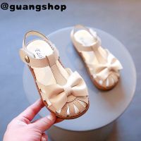 guangshop รองเท้าแตะเรียบง่ายมีโบว์สำหรับเด็กผู้หญิงรองเท้ามีสายรัดสีพื้นตีนตุ๊กแกแบบนุ่มสำหรับเด็กอายุ2-12ปี T22N04CC-08