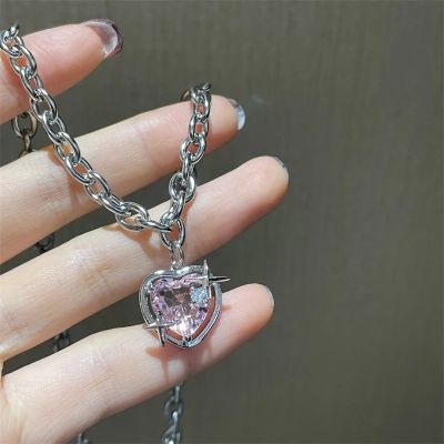 Fashion Peach Heart Water Drop Pendant Necklace Pink Crystal Egirl Sweet Cool Clavicle Chain Aesthetic Jewelry Y2K Accessories