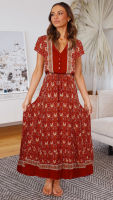 Cotton Women Summer Boho Dress 2021Bohemian Maxi Robe Casual V-neck Short Sleeve Button Floral Print Long Beach Dresses Vestidos