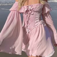 【CW】Fairy Pink Chiffon Mini Dress Chic Women Bandage Corset Vintage Long Puff Sleeve Sundress Slash Neck Bridesmaid Bodycon Beach