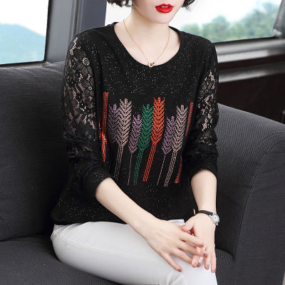 Long-sleeve Women T-shirt Bottoming Shirt Plus Size Middle-aged Lace Stitching Diamond T-shirt Women Spring M-4XL