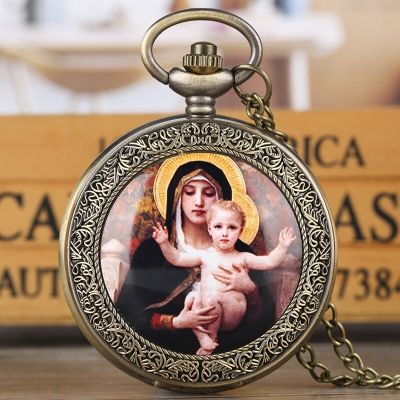 จี้นาฬิกาพกพาควอตซ์ผู้หญิงหญิงสาวสำหรับสุภาพสตรี Virgin Mary และ Jesus สร้อยคอประดับดูหรูหราของขวัญทางศาสนา